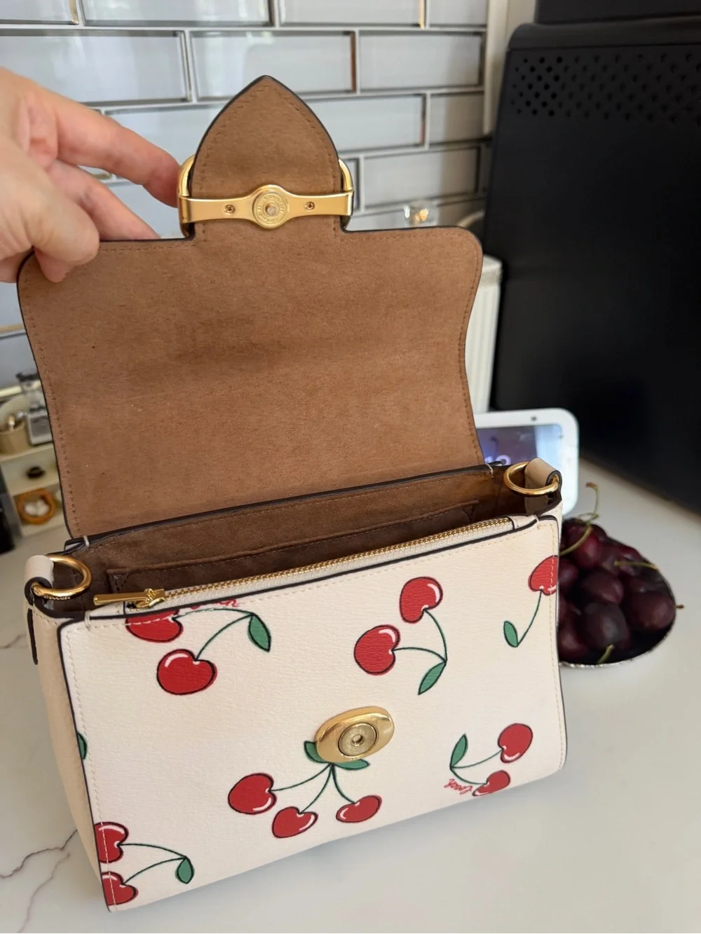 Coach White Leather Top Handle Bag with Cherry Print